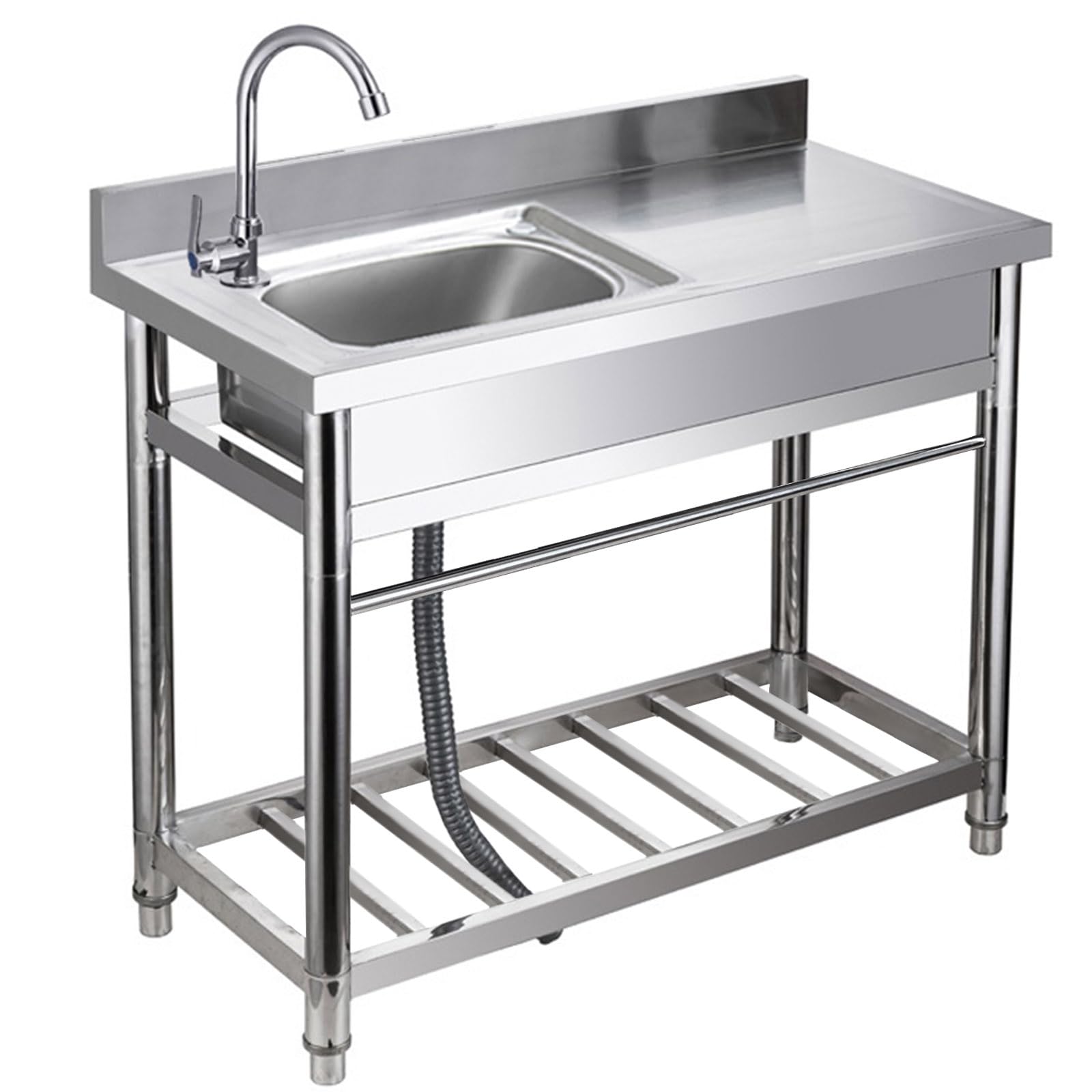 Fregadero Independiente de Acero Inoxidable con Grifo y Encimera de Trabajo, Fregadero de Cocina con Estante de Almacenamiento, Kit de Desagüe para Restaurante, Cocina, Hogar