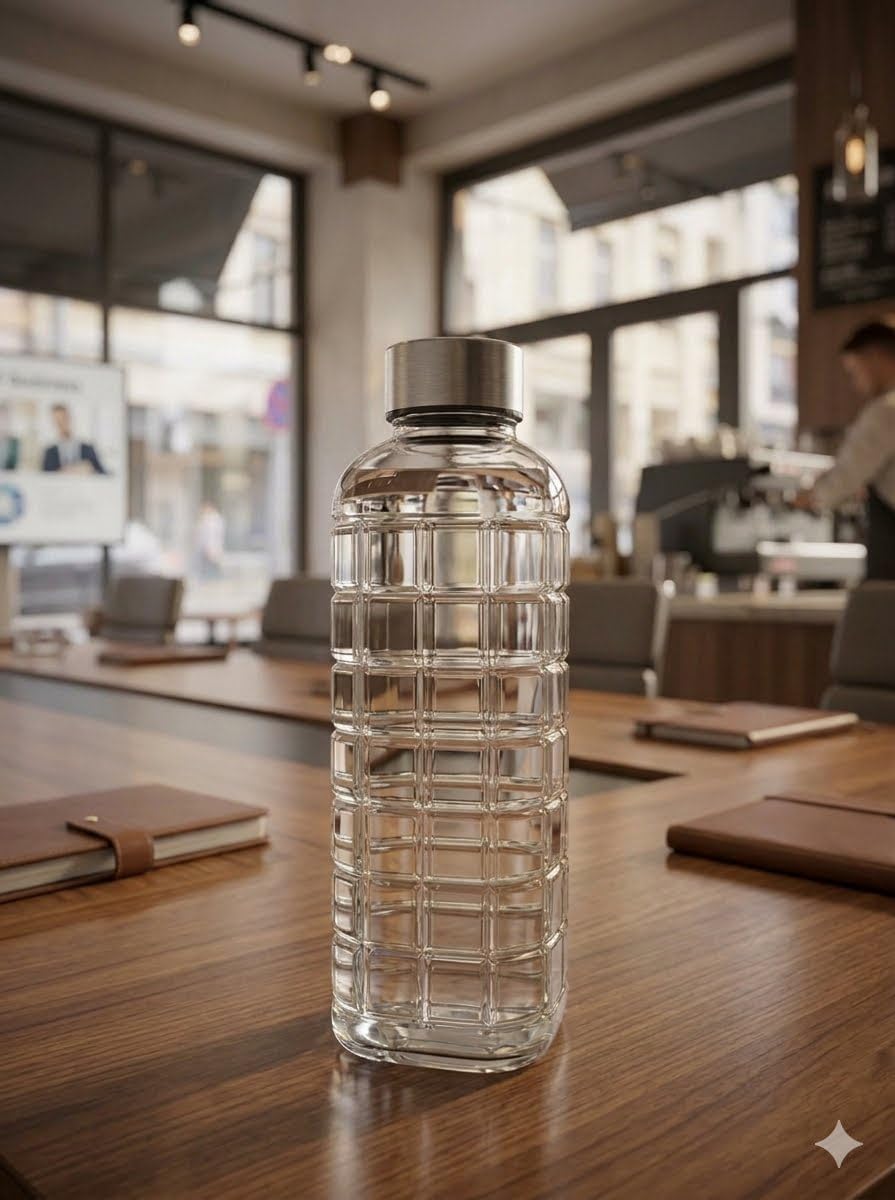 Glass Water Bottle with Cap, 980 ml | Grid Texture Design, Stainless Steel Cap-image-7