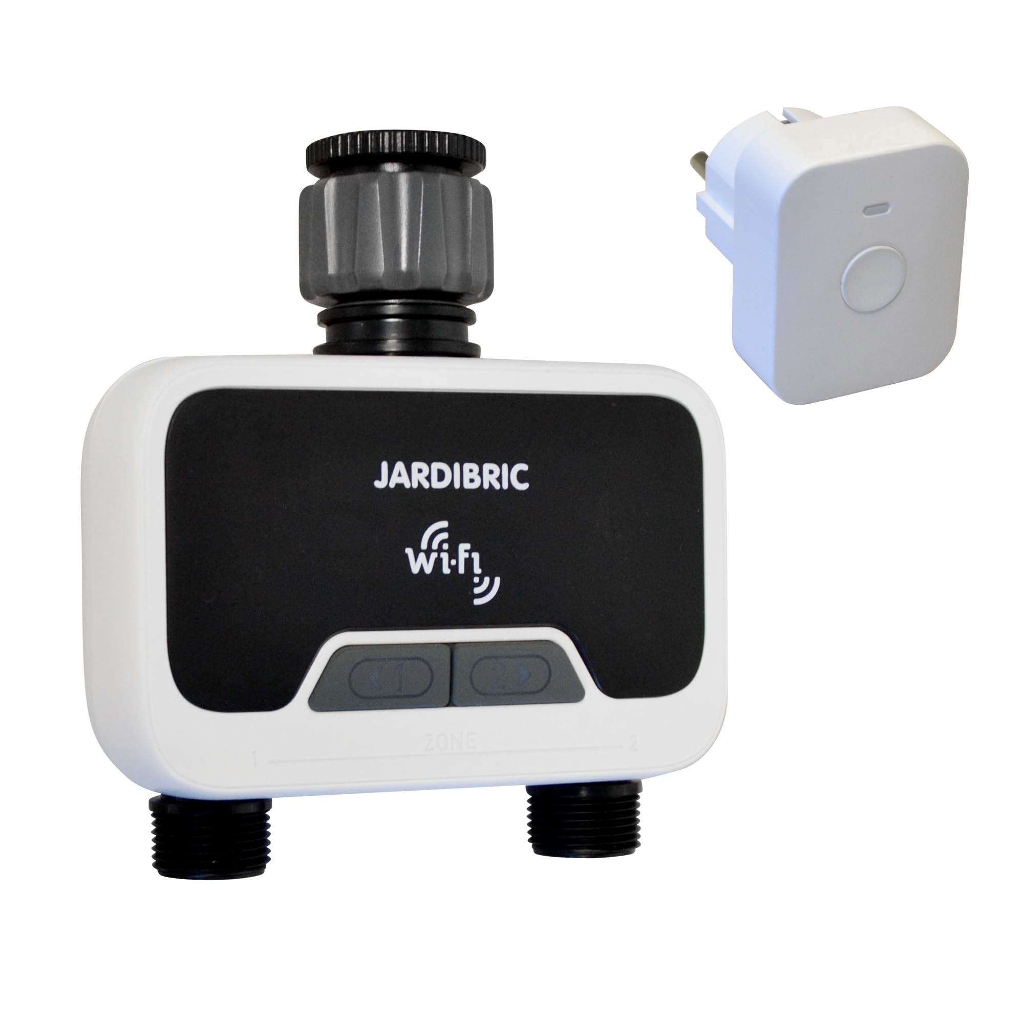 Jardibric - Programmatore di irrigazione WiFi con App "Tuya Smart", Controllo remoto e vocale, IP54, Portata 2100 L/h, Pressione 0,5-8 Bar, 2 Vie, Funzione Manuale e Rain Dela