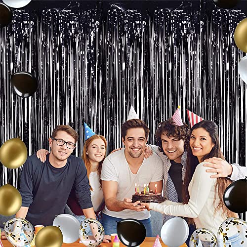 Image of TONIFUL 3Pcs Black Door Streamers,Photo Booth Backdrop,Metallic Streamers Black Foil Fringe Curtains for Birthday,Christmas,New Year,St. Patrick's Day Halloween Party Streamers Decor(9.9ft x 6.6ft)
