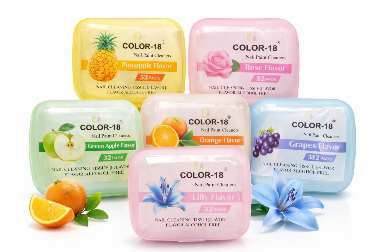 COLOR-18 Nail Paint Cleaner Pads, Alcohol Free, Natural Flavors, 6 Pack with 32 Pads Each, Lilly, Rose, Pineapple, Green Apple, Orange & Grapes Flavour-image-44
