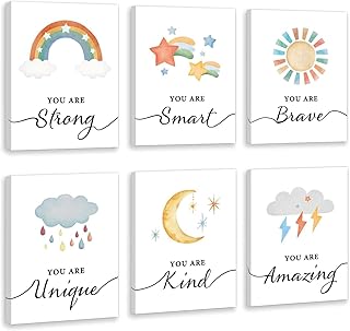 HPNIUB Colorful Rainbow Art Print, Kids Inspirational Wall Art Set of 6 Pieces (12X16inch) Cartoon Weather Canvas Poster, Modern Saying Painting With Framed Ready to Hang for Nursery Classroom Decor