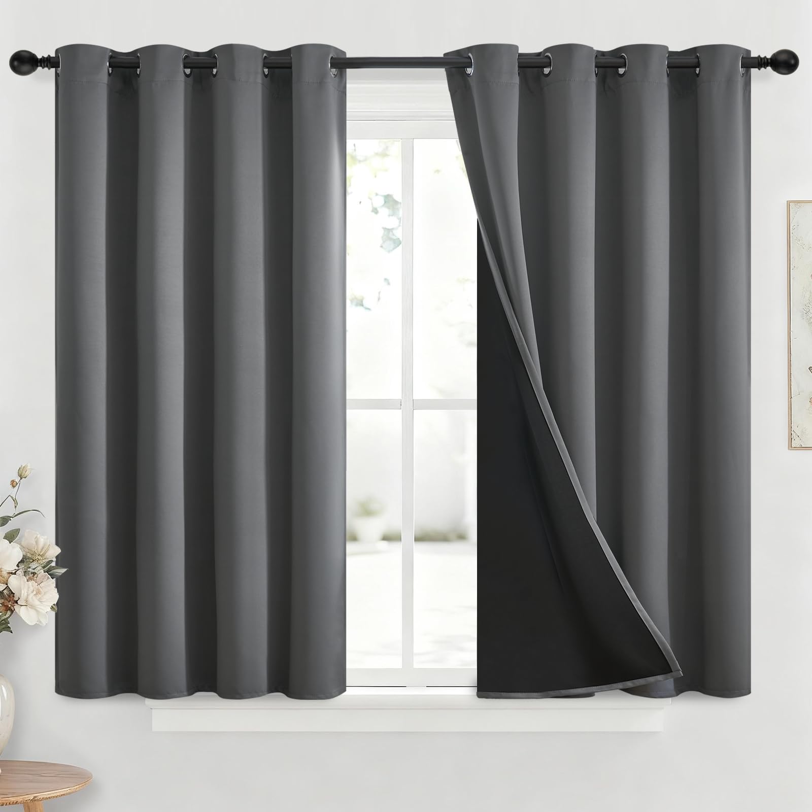 Yakamok 100% Blackout Curtains for Bedroom 45 Inch Length, Grey Total Light Blocking Drapes with Black Backing, Thermal Insulated Solid Grommet Panels for Kitchen, 52Wx45L, 2 Panels