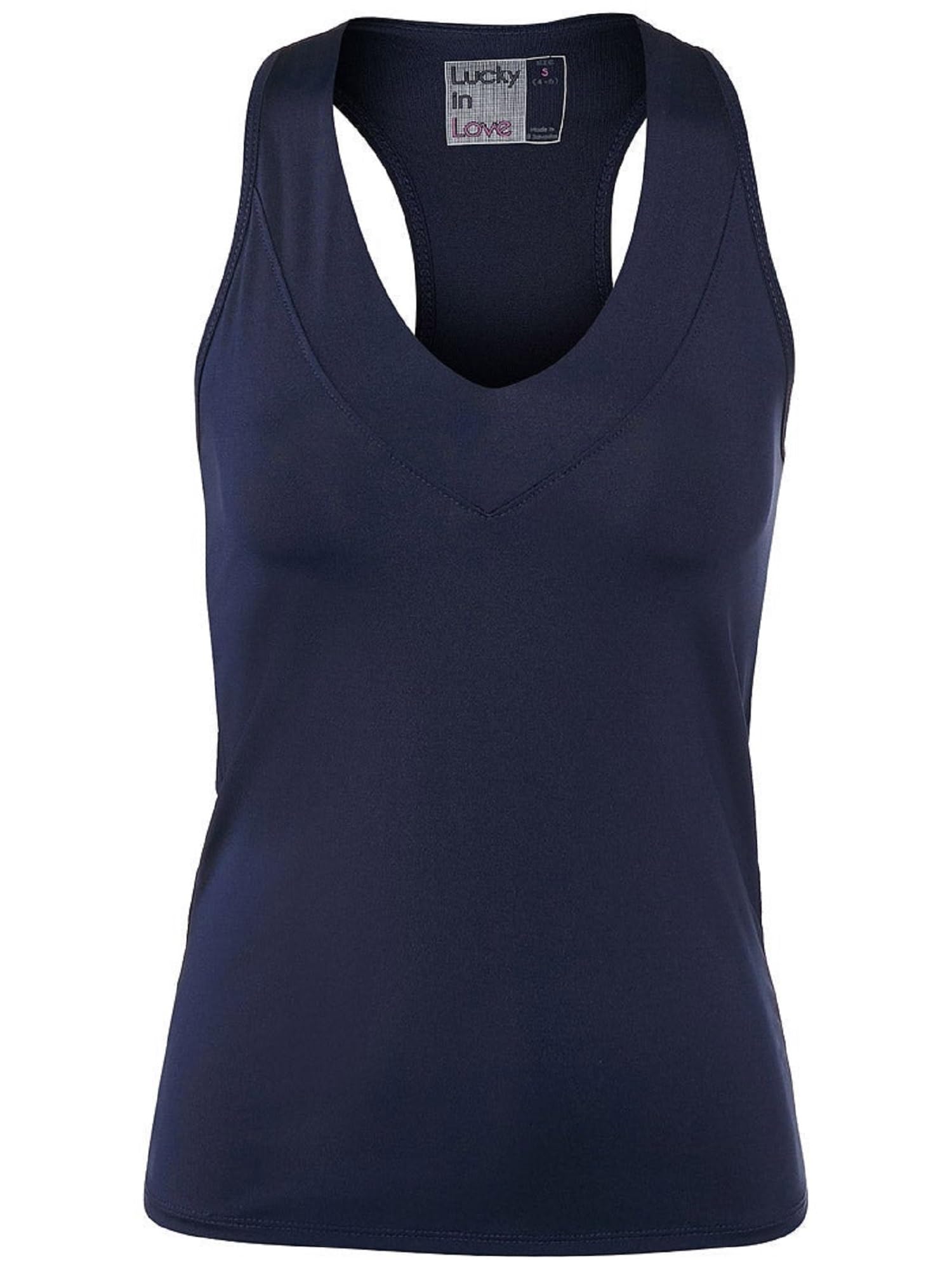 Lucky In LoveV-Neck Tank with Built in Bra, Navy Blue, S