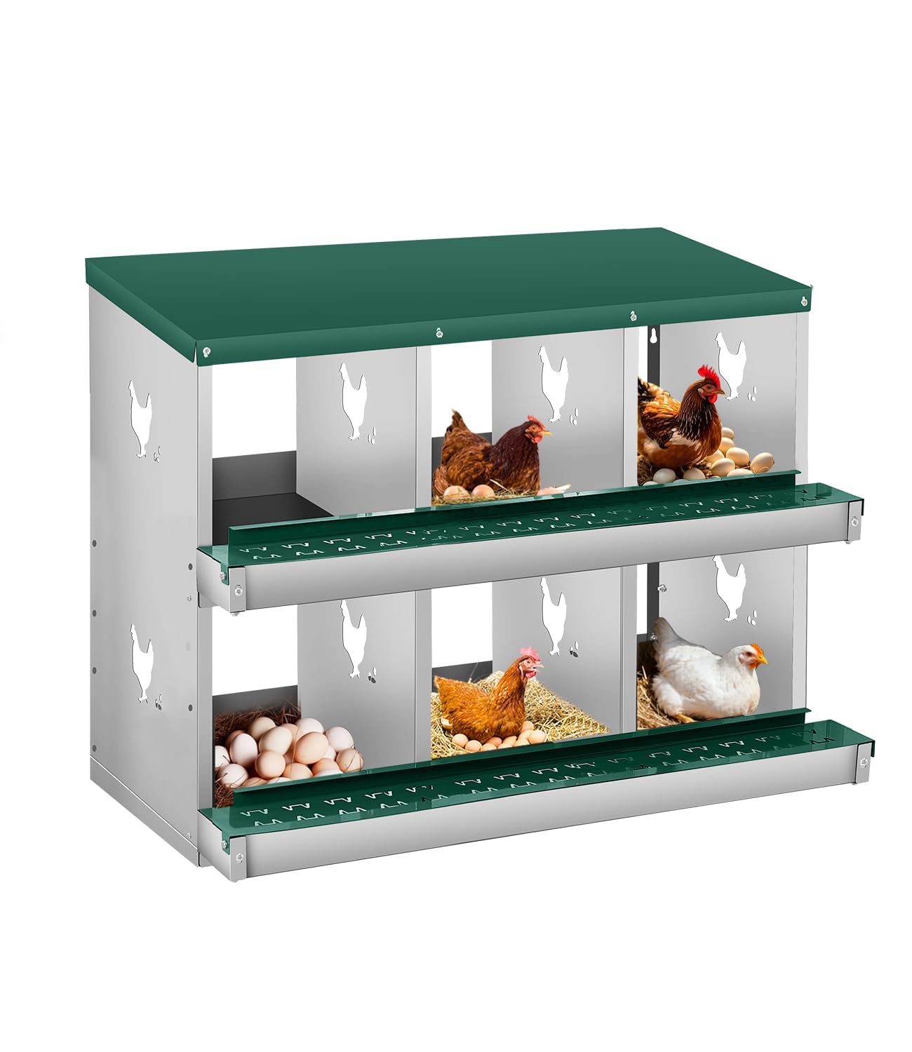 Hühner Legenest 6 Fächer Metall, Abrollnest mit Eierablage, Grün, Stabil | Leicht zu reinigen, Wandhalterung, Montageleicht, Hühnerstall, Geflügel, Hygiene, Robust, Zeitsparend, Nestbox