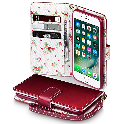 iPhone 8 / iPhone 7 Case - Terrapin iPhone 8 Wallet - Beautiful Floral Women's Case Folio Flip - Card Slots - Money Pocket - Wristlet - Red with Cute Floral Interior