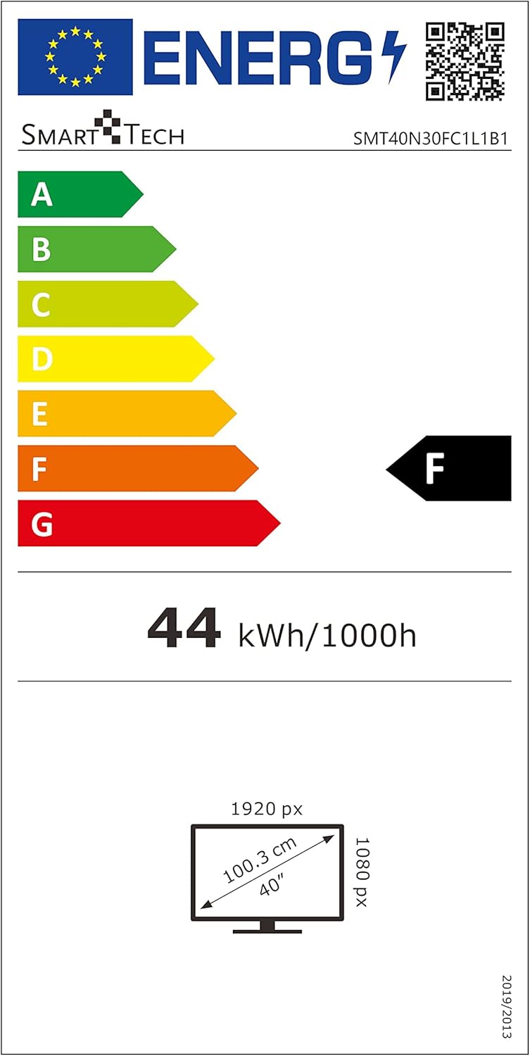 Energy efficiency label for Smart Tech 40 inch TV, showing F class and 44 kWh per 1000 hours
