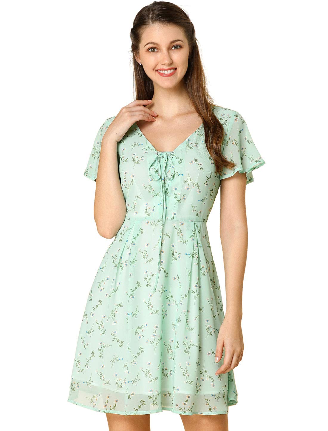 Allegra K Women's Floral Flouncing Sleeve A-line Lace-up V-Neck Chiffon Dress Light Green 4