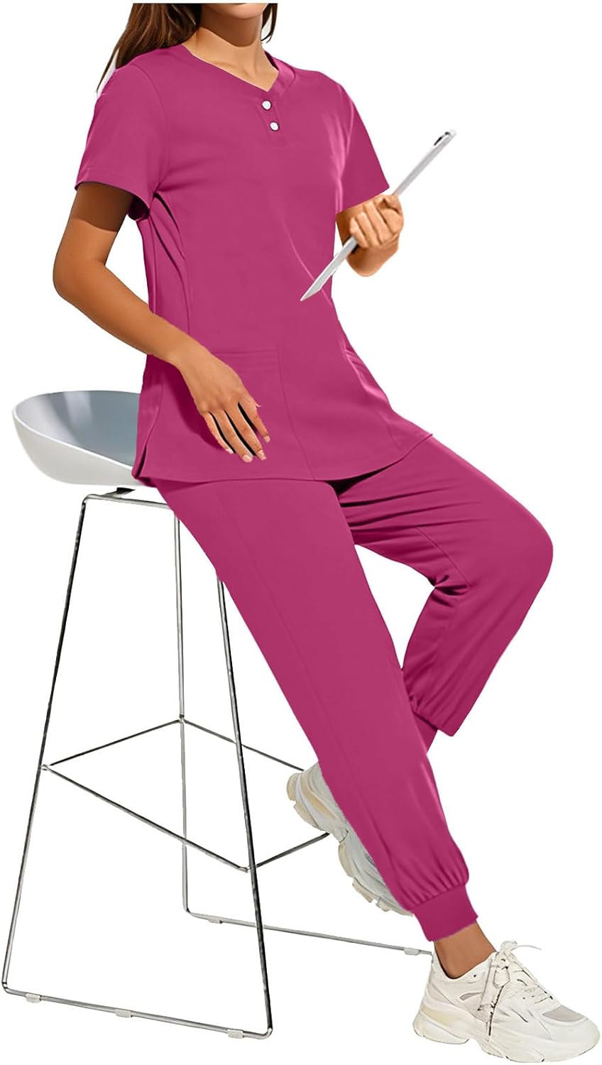 YRAETENM Scrubs for Women Medical Scrub Sets Quick Dry Nurse Uniforms Stretch V-Neck Scrubs Top and Jogger Pants with Pockets