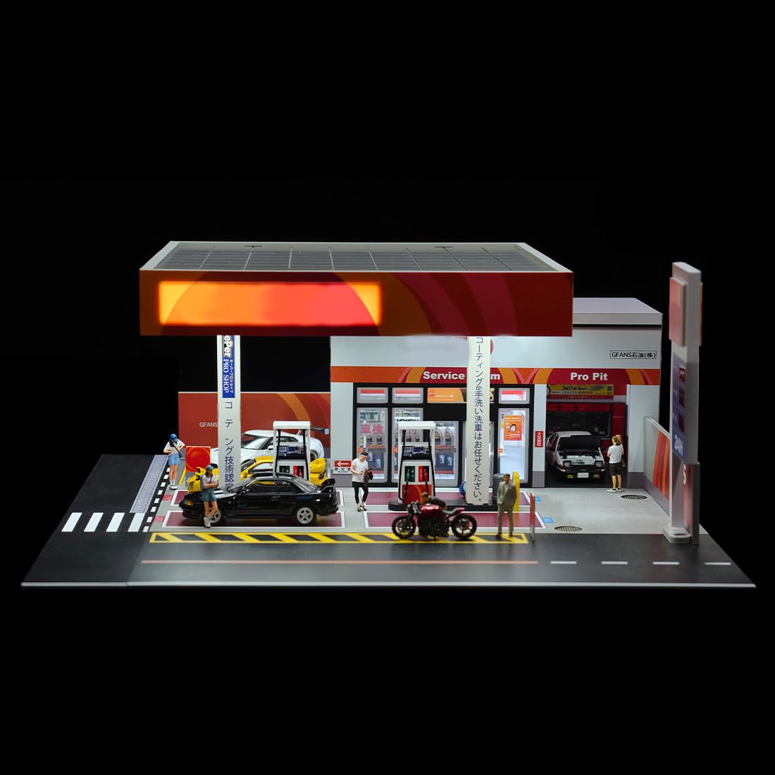 Japońska stacja benzynowa 1:64 scena modelowa, miniaturowy budynek z oświetleniem, miniaturowa stacja benzynowa do wyświetlania samochodów odlewanych pod ciśnieniem, realistyczny zestaw dioram dla