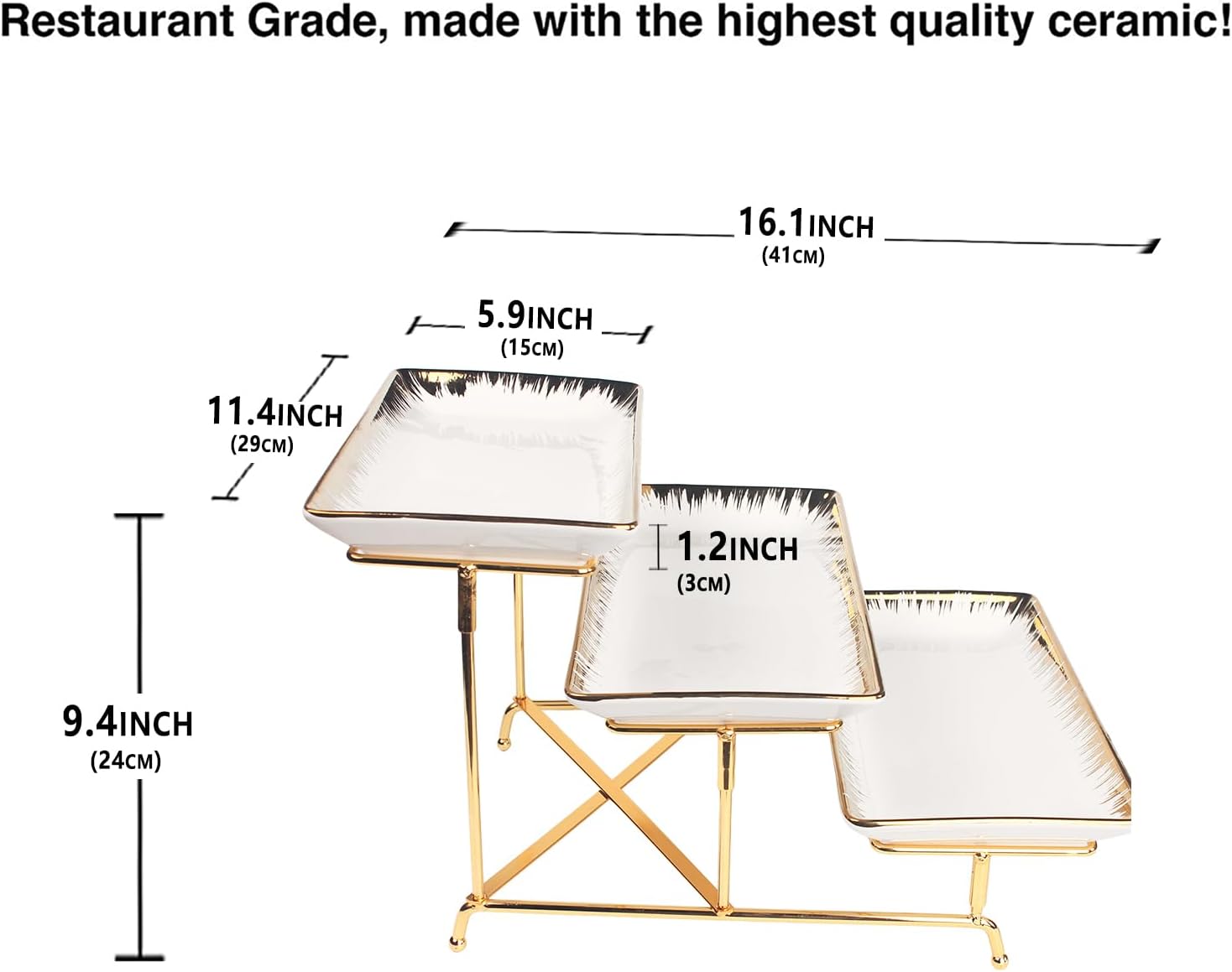 Three-Tier Ceramic Plate Rack - Foldable Gold Plate Rack with Three Large 11.4-inch White Plates for displaying Food, Fruit, Desserts, and Entertaining Guests.