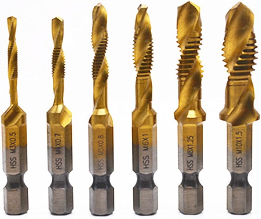 6Pcs Titanium Combination Drill and Tap Set,Metric Thread HSS M3-M10 Screw Tapping bit Tool 1/4" Hex Shank