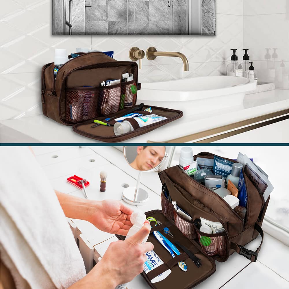 PAVILIA Neceser para hombres, bolsa de viaje esencial para afeitar, bolsa de viaje, organizador de artículos de tocador, accesorio de maquillaje cosmético, resistente al agua, Marrón, Extra Large