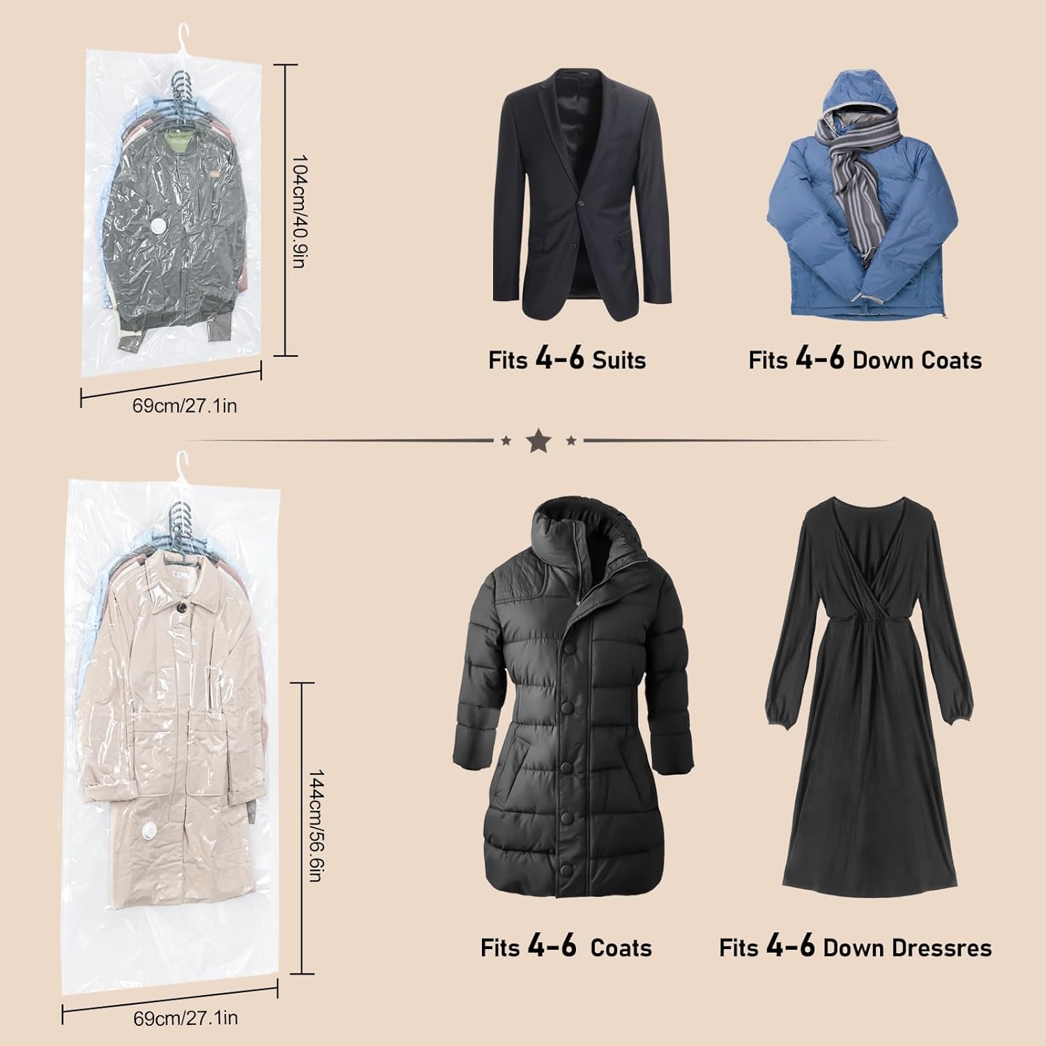 QH7 - Sacchetti sottovuoto vestiti da appendere, 2pezzi, Vacuum storage bags salvaspazio per vestiti, organizer per armadio, Sacchetti vestitii trasparente e riutilizzabile