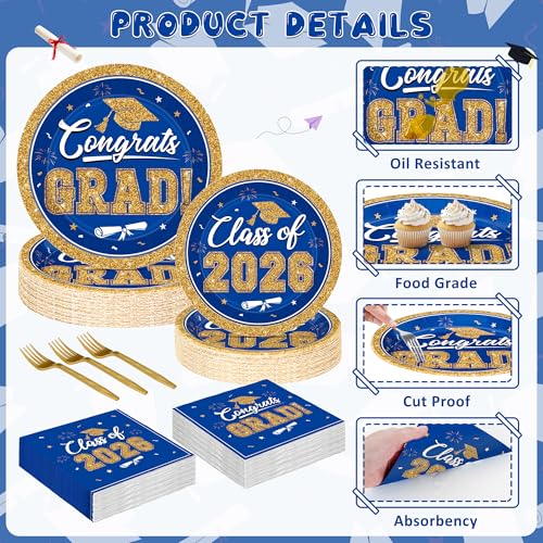 Image of QZYL Graduation Party Supplies Set for 50 Guests, Blue and Gold Graduation Plates and Napkins 2026, 200Pcs Disposable Grad Plates, Napkins, Dessert Plates and Forks for 2026 Grad Ceremony