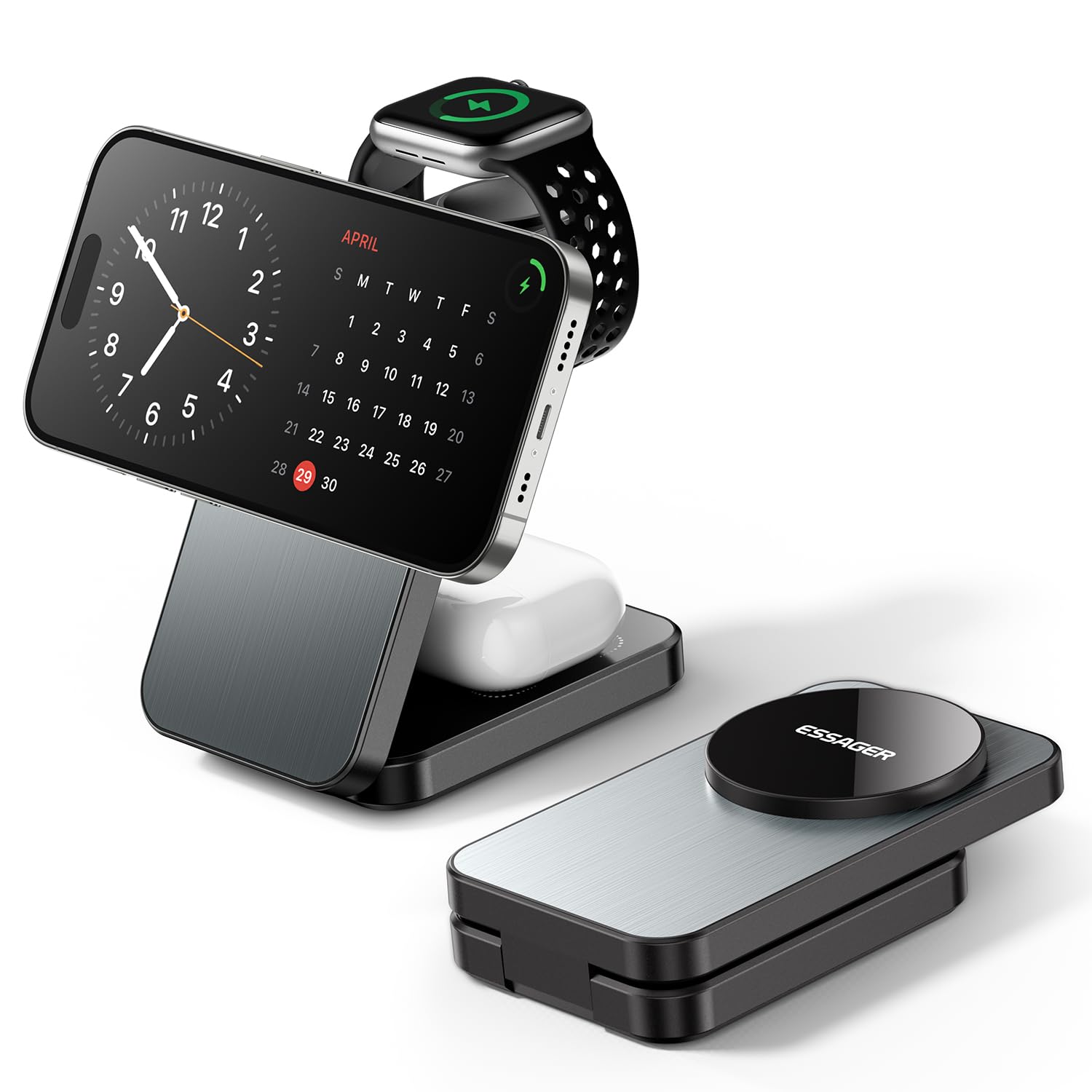 ESSAGER3 in 1 Foldable Travel Wireless Charger Compatible with iPhone 16/15/14/13/12 Series, 15W Magnetic Wireless Charging Station for Desk for Airpods 4/3/2/Pro, iWatch with 20W Adapter