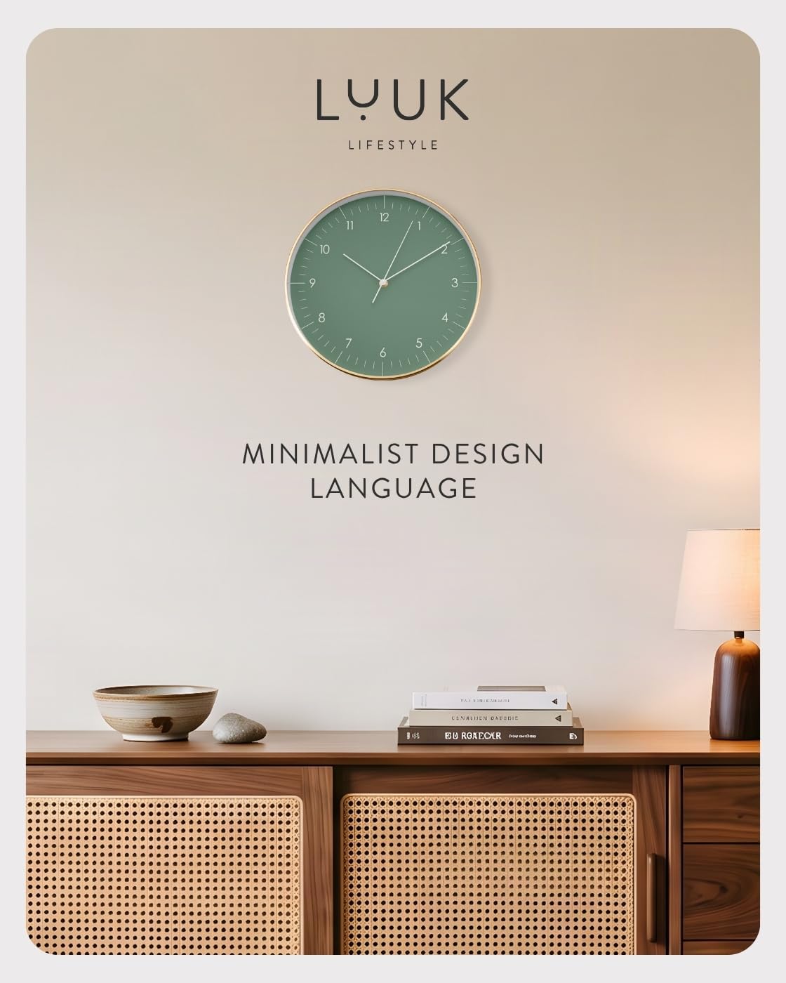 LUUK LIFESTYLE Modern Silent Quartz Wall Clock, 12in, Dark Green & Gold image 3