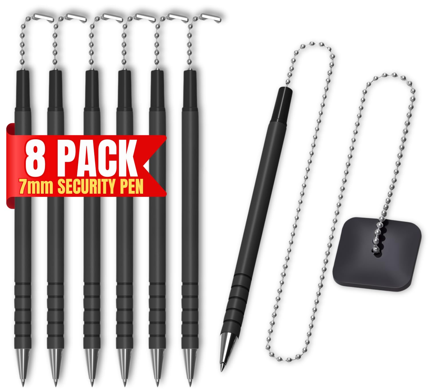 1InTheOffice Pen with Chain 7mm, Security Desk Pen with Adhesive Pad Base, for Business Counter, Black, (8/Pack)
