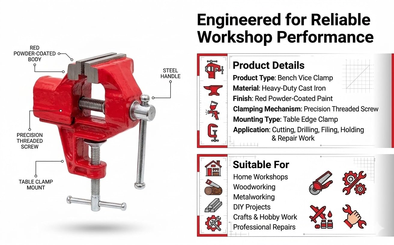 GLOBUS 385 50mm Cast Iron Bench Vise - Heavy Duty Baby Clamp for Woodworking, Drilling & Cutting - Portable Table Top Holding Tool for Carpentry, Repair, Home DIY, Workshop & Industrial Use 1