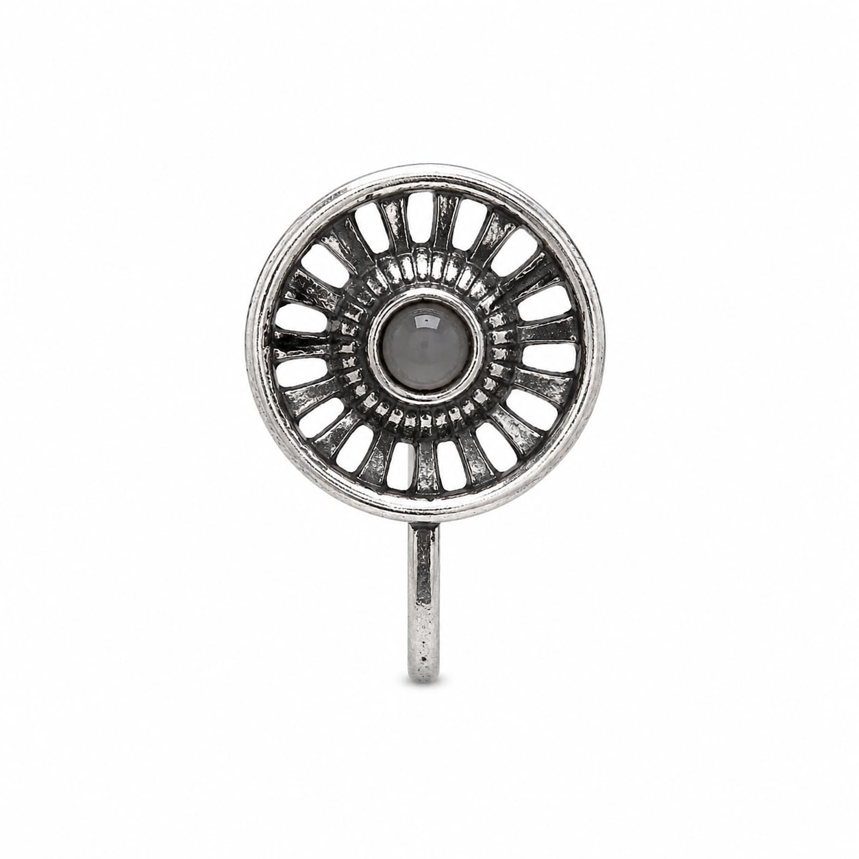 Jewellery Great Oxidised silver finishing Grey stone stud chakra Design Nose Pin | Ring | Without Piercing | Adjustable | Nose Ring | Nathiya|Nathani | For Festival |Navratri For womens & Girls.-image-47