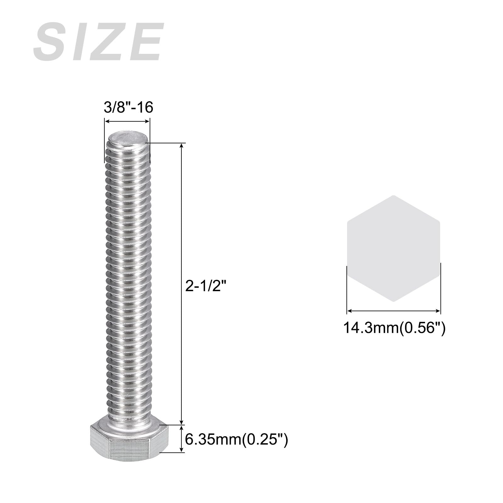 METALLIXITY Hex Head Bolts (3/8-16 x 2-1/2") 10Pcs, 304 Stainless Steel 18-8, Fully Threaded, External Hex Drive - Image 2