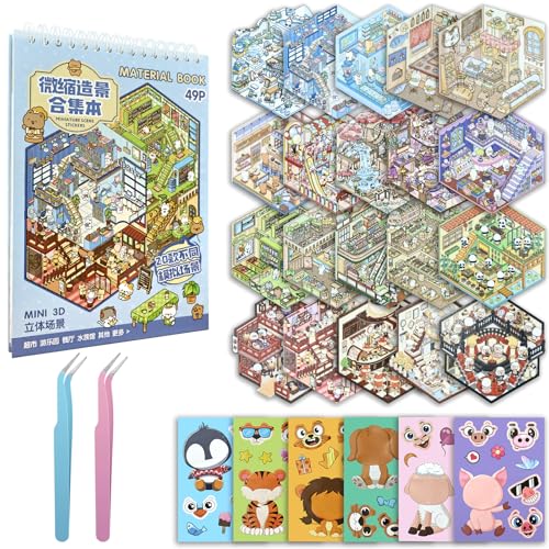 20 Sets DIY Miniature Scene Sticker Book + 6 Animal Stickers