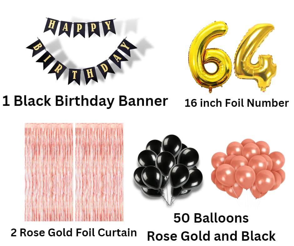 Image of 64th Birthday Decoration items for Girls with Black and Rose Gold Balloons, Black Happy Birthday Banner, Rose Gold Foil Curtain, Foil Balloon number 64