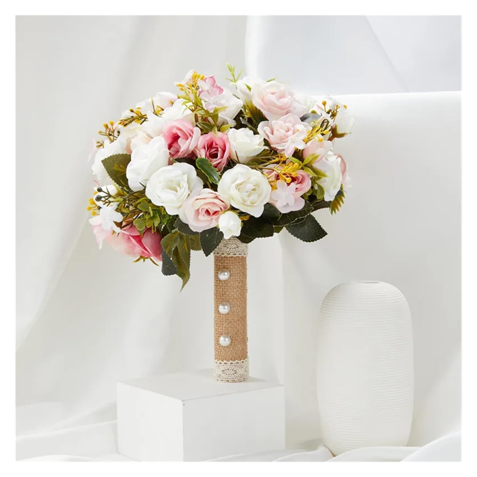 Pink Wedding Bouquet Bride Bridesmaid Holding Flowers Silk Ribbon Roses Artificial Flower Accessories(White pink)