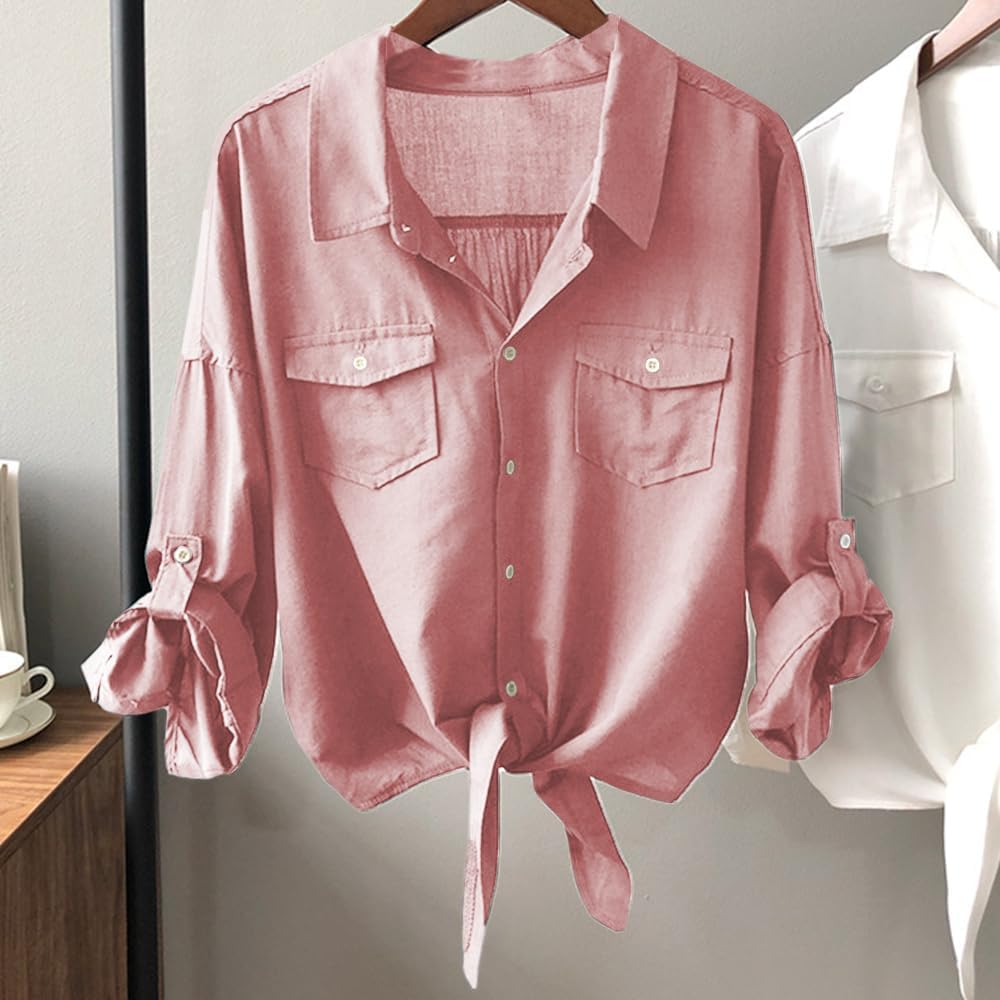 Womens Button Down V Neck Shirts 3/4 Sleeve Tie Front Loose Office Business Shirt Blouse Summer Casual Tops - Image 3