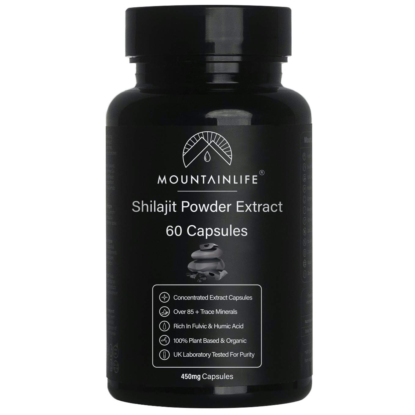 Mountainlife Natural Shilajit Capsules | UK Lab Tested | 60 Extract Capsules | Vegan Accredited | Herbal & Mineral Superfood | Miron UV Protected | Rich in Fulvic & Amino Acids, Minerals, Vitamins