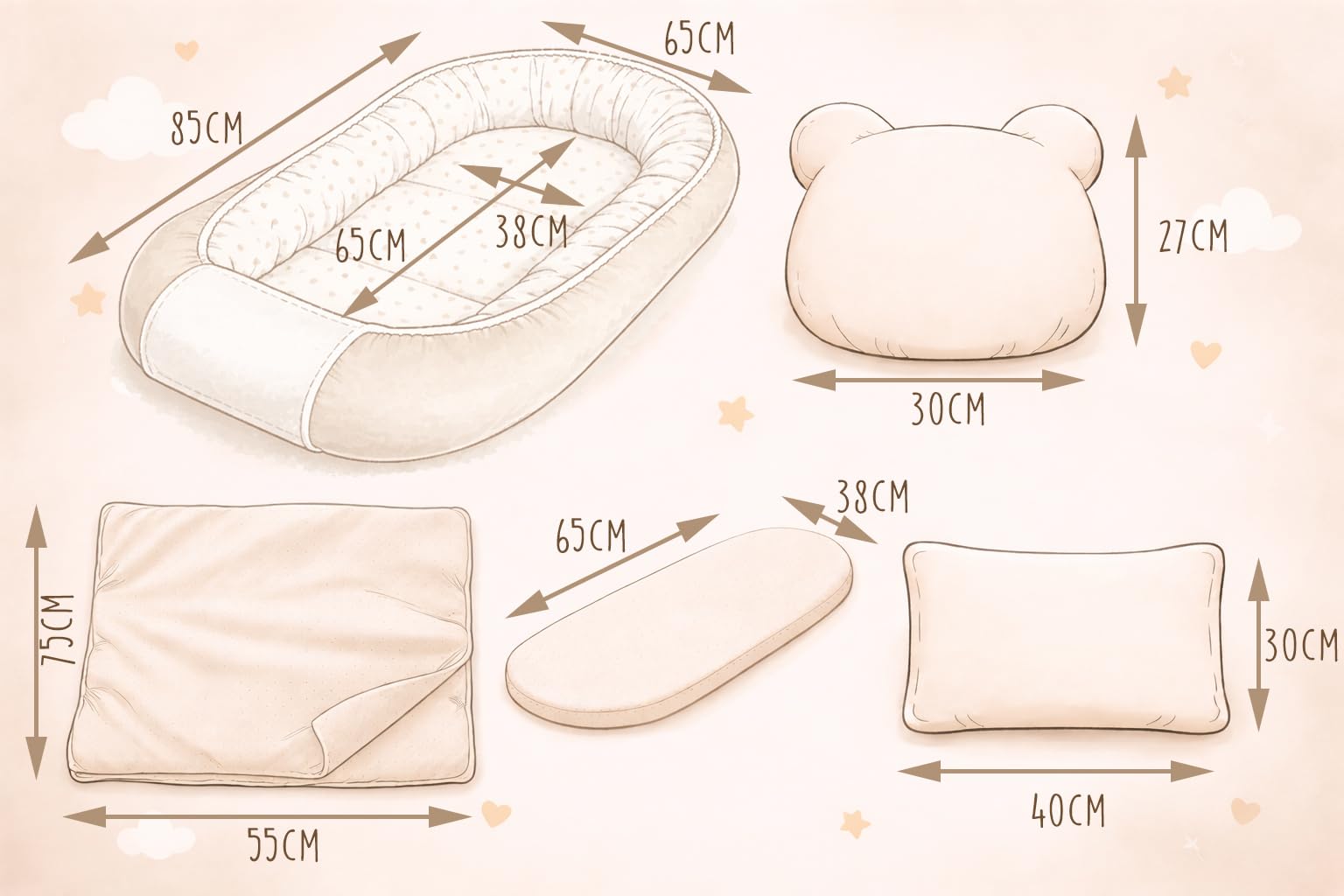 Babynest Nestchen Baby Set für Neugeborene – 5-teilig – Kuschelnest aus 100% Baumwolle & Waffelpique – Babykokon tragbar – für Babybett, Kinderbett & Kinderwagen – OEKO-TEX - Elefanten und Sand