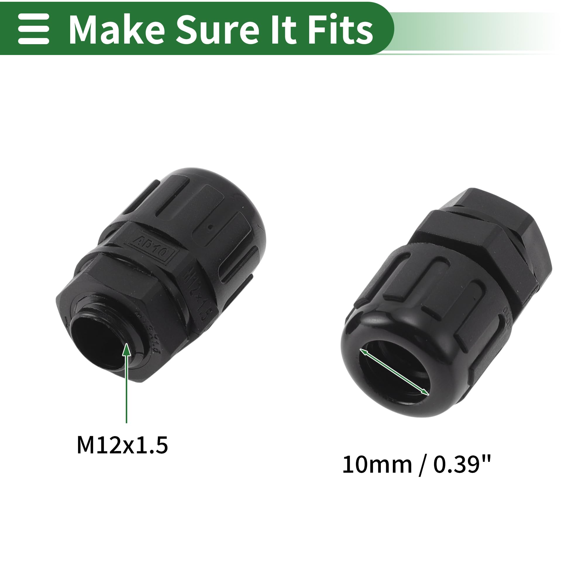 A ABSOPRO M12x1.5 Cable Glands 10mm / 0.39" Waterproof Bellows Straight Connector PA6 Nylon Black 5 Pcs, M12*1.5 - Image 4