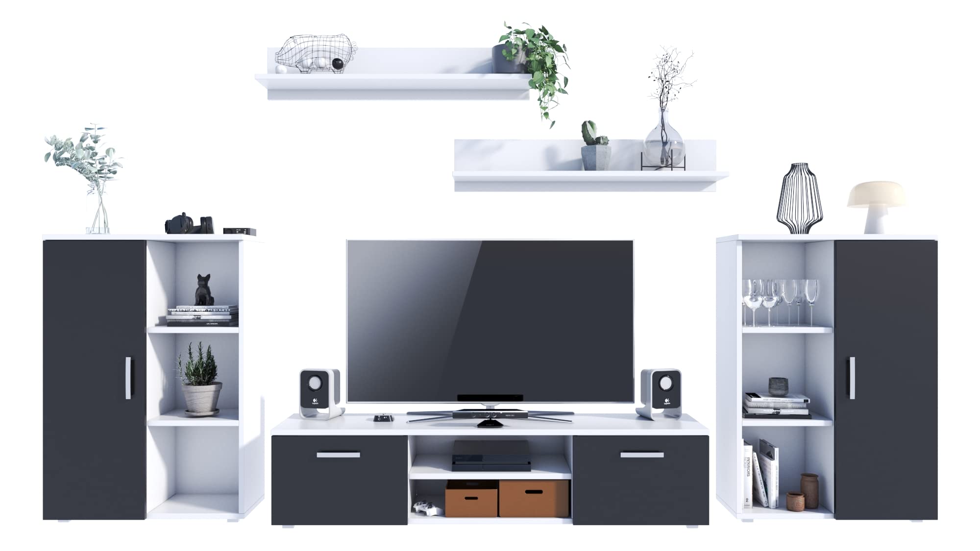 MATKAM Wohnwand Herkules II, Schrankwand Wohnzimmer Modern, Wohnzimmerschrank mit Fernsehtisch, Sideboard und Wandregal Wohnzimmer Komplett Möbel (Weiß/Schwarz)