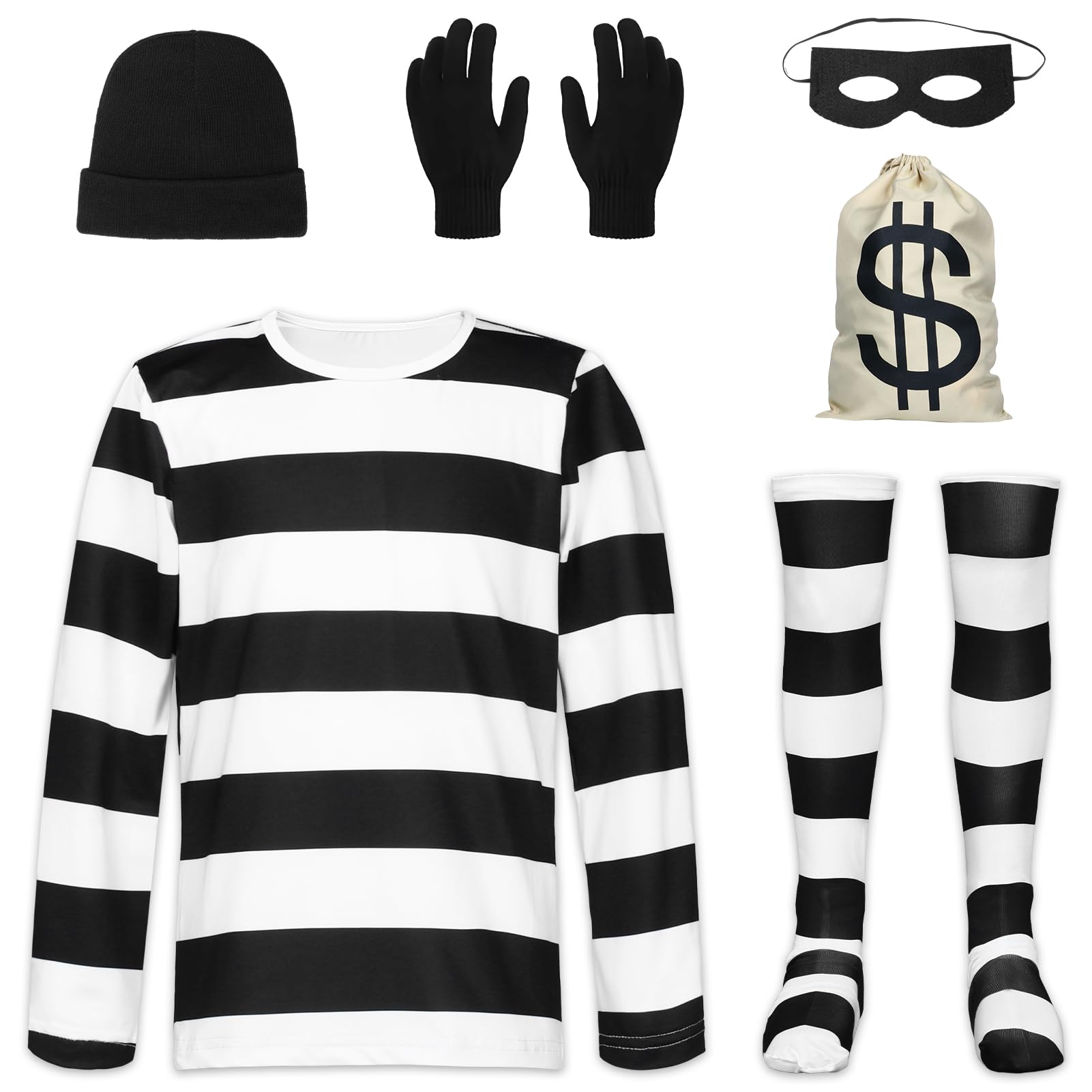 Photo 1 of Ficlwigkis Women's Robber Costume Set,Kids Thief Cosplay Accessories Prisoner Costume Adult for Halloween Dress Up