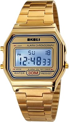 Mens Digital Gold Stainless Steel Square Watch Backlit Multifunction Stopwatch Waterproof Sport Watches