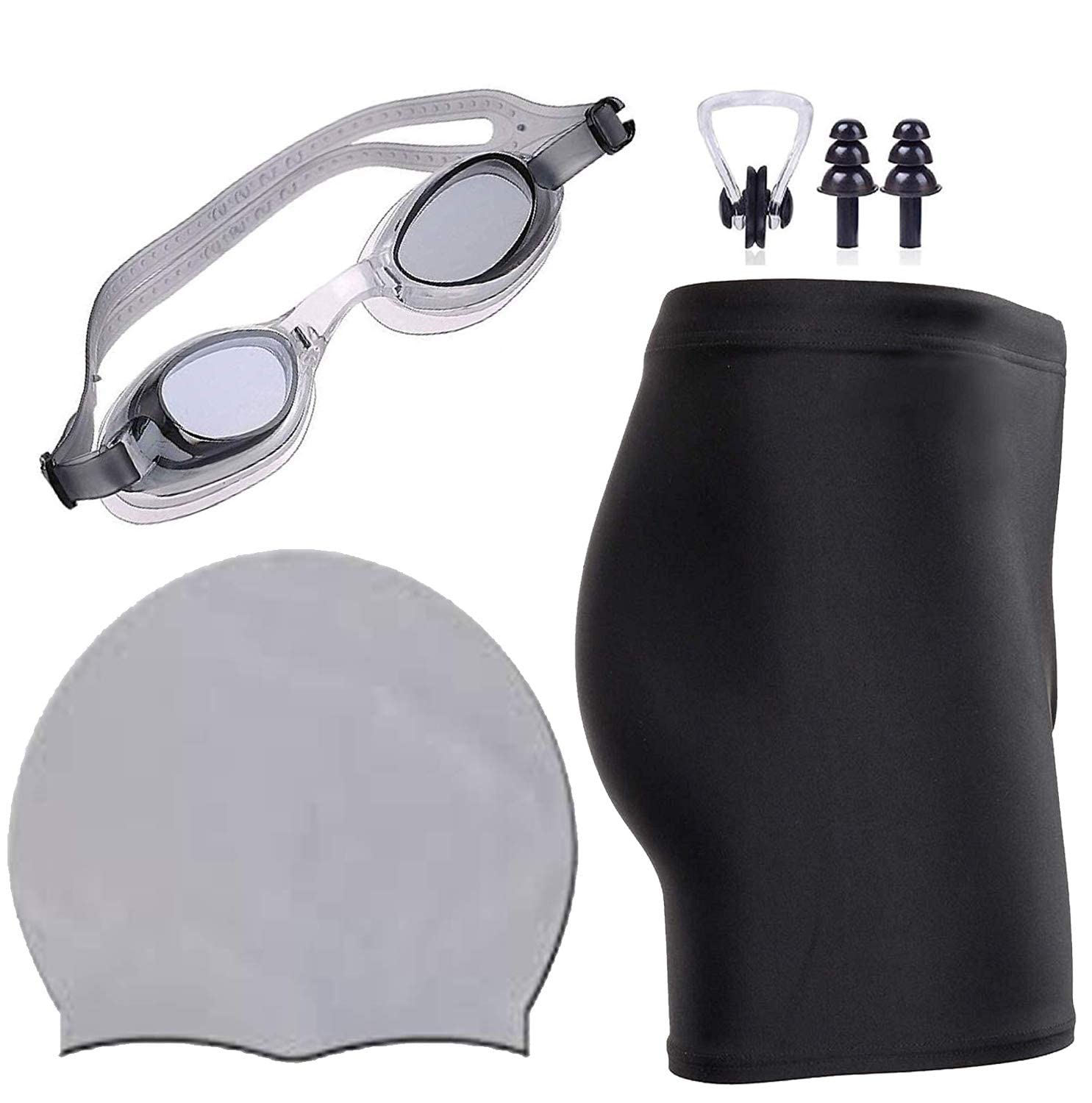 Swimming Combo Kit Regular Fit - 28in to 34in- Swimming Short, Goggles, Silicone Cap, 2Pc Ear Plugs, 1 Pc Nose Clip, Swimming Suit- Grey