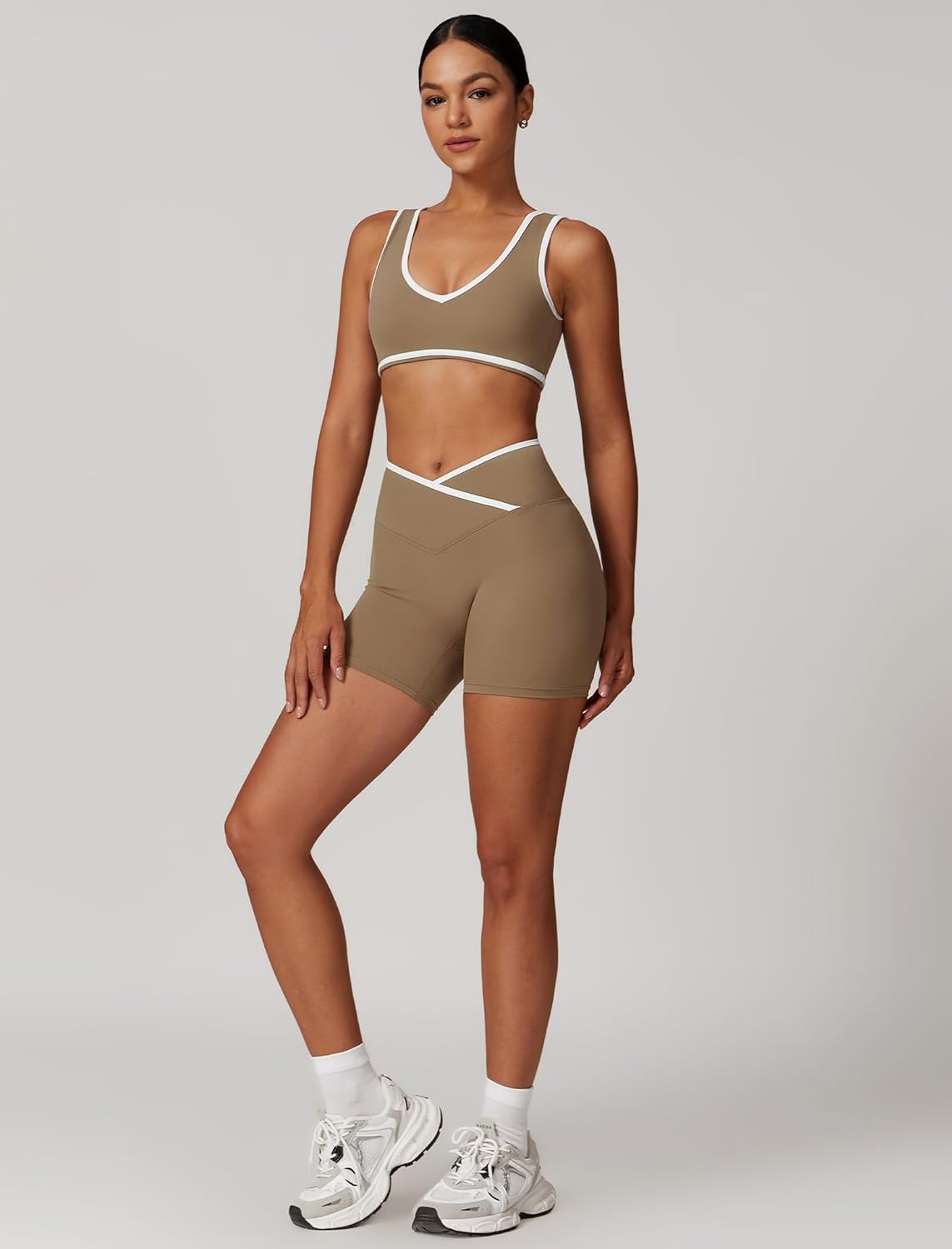 ABOCIW Workout Sets for Women Color Block Sports Bra Crossover Waist Shorts 2 Piece Gym Yoga Pilates Outfits - Image 4