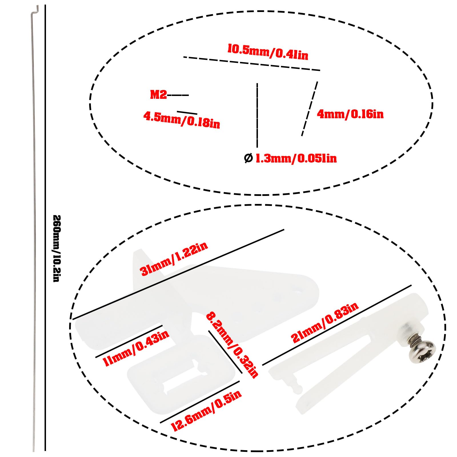 10 Juegos Kit Cuerno de Control Avión RC de ala Fija Varillas 1,2 mm x 260 mm Conector 1,3 mm Tope de Vínculo Ajustable