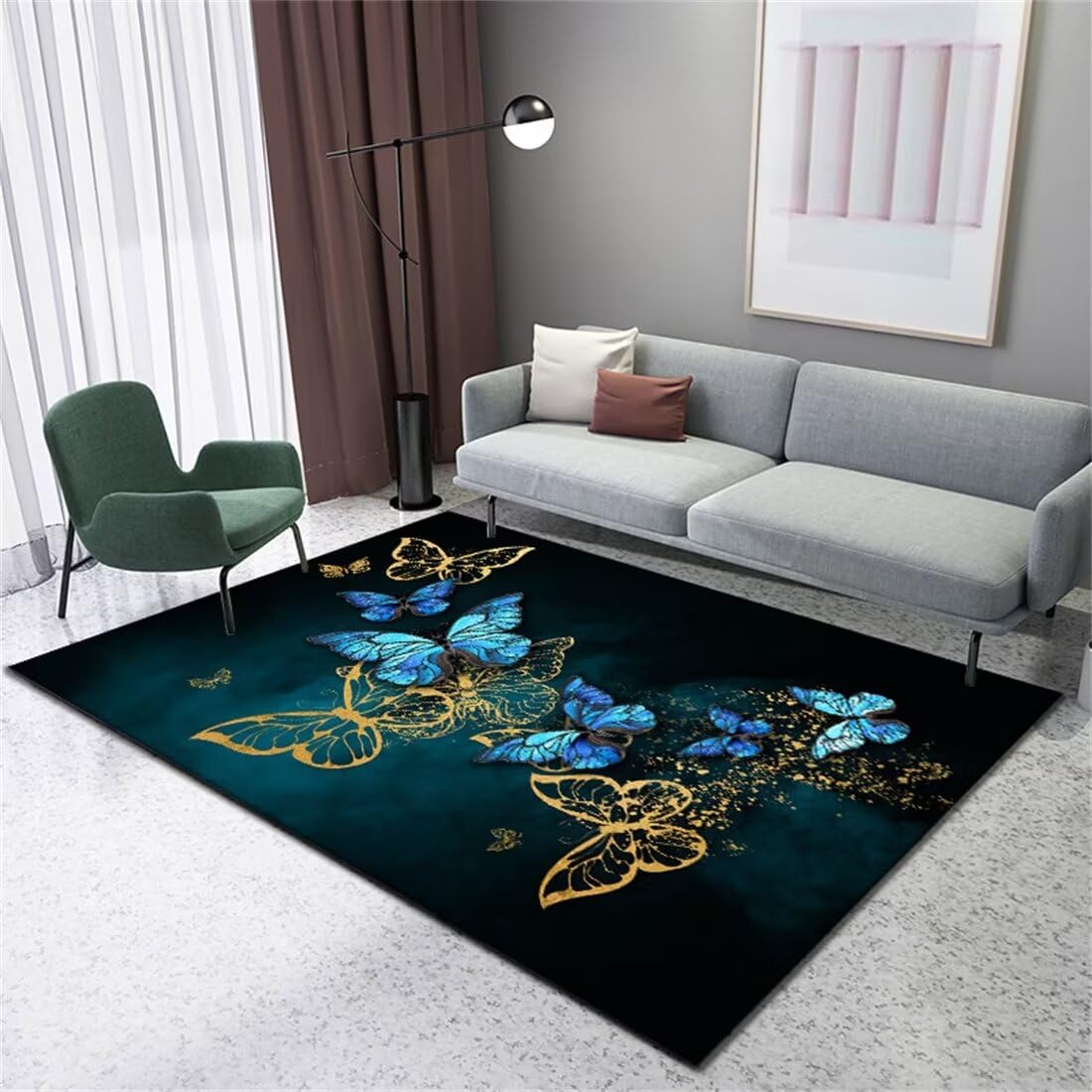 Tapis chambre ado fille moderne imprimé papillon jaune et bleu pour espace cocon 70x140