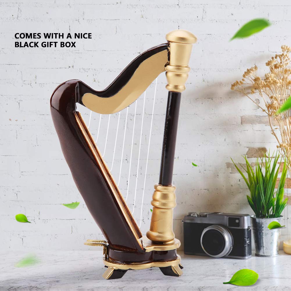 Mini Harp Model, 3.5in Wooden Simulation Harp Replica Instrument Model Ornaments with Case for Home Office Table Decoration