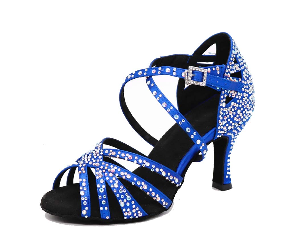 Sandalias de baile moderno latino con correa cruzada para mujer, con diamantes de imitación de tango social, bailes, Tacón marrón de 9 cm. — view 10