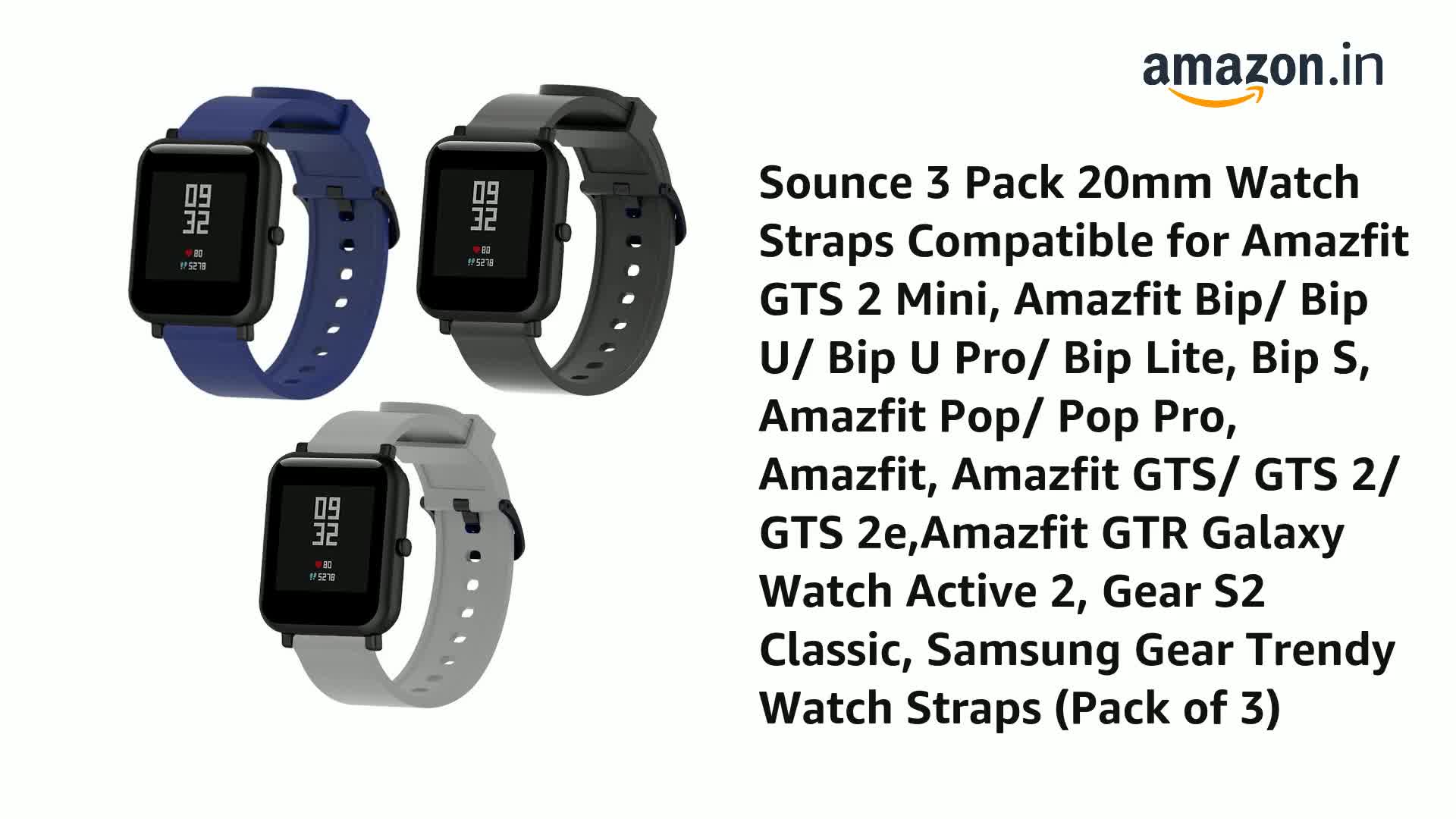 Sounce 3 Pack 20mm Watch Straps Compatible for Amazfit GTS 2 Mini, Amazfit  Bip/ Bip U/ Bip U Pro/ Bip Lite, Bip S, Amazfit Pop/ Pop Pro, Amazfit, Amazfit  GTS/ GTS 2/