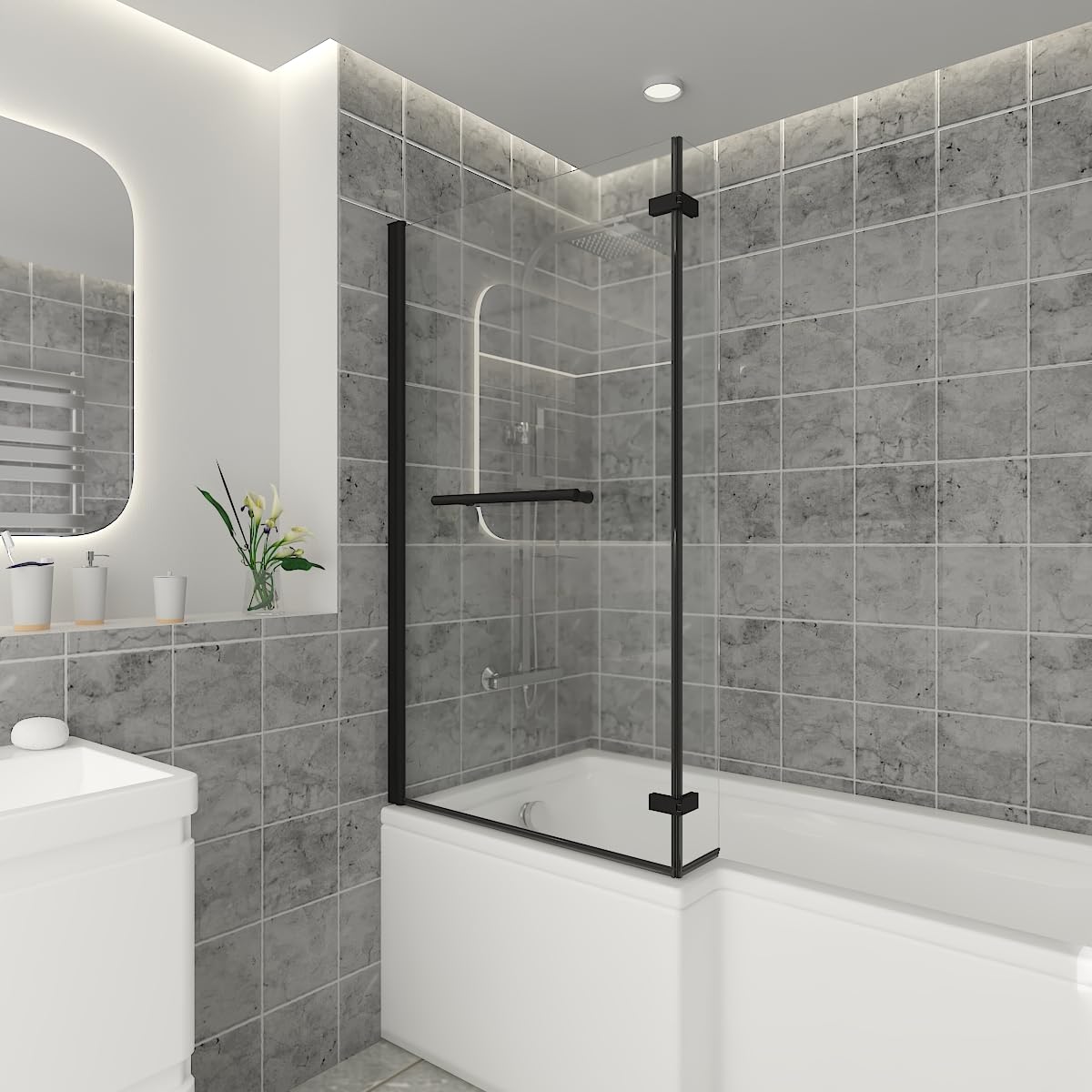 NRG 810 x 1400mm L Shaped Bath Screen with Hinged Return and Towel Rail