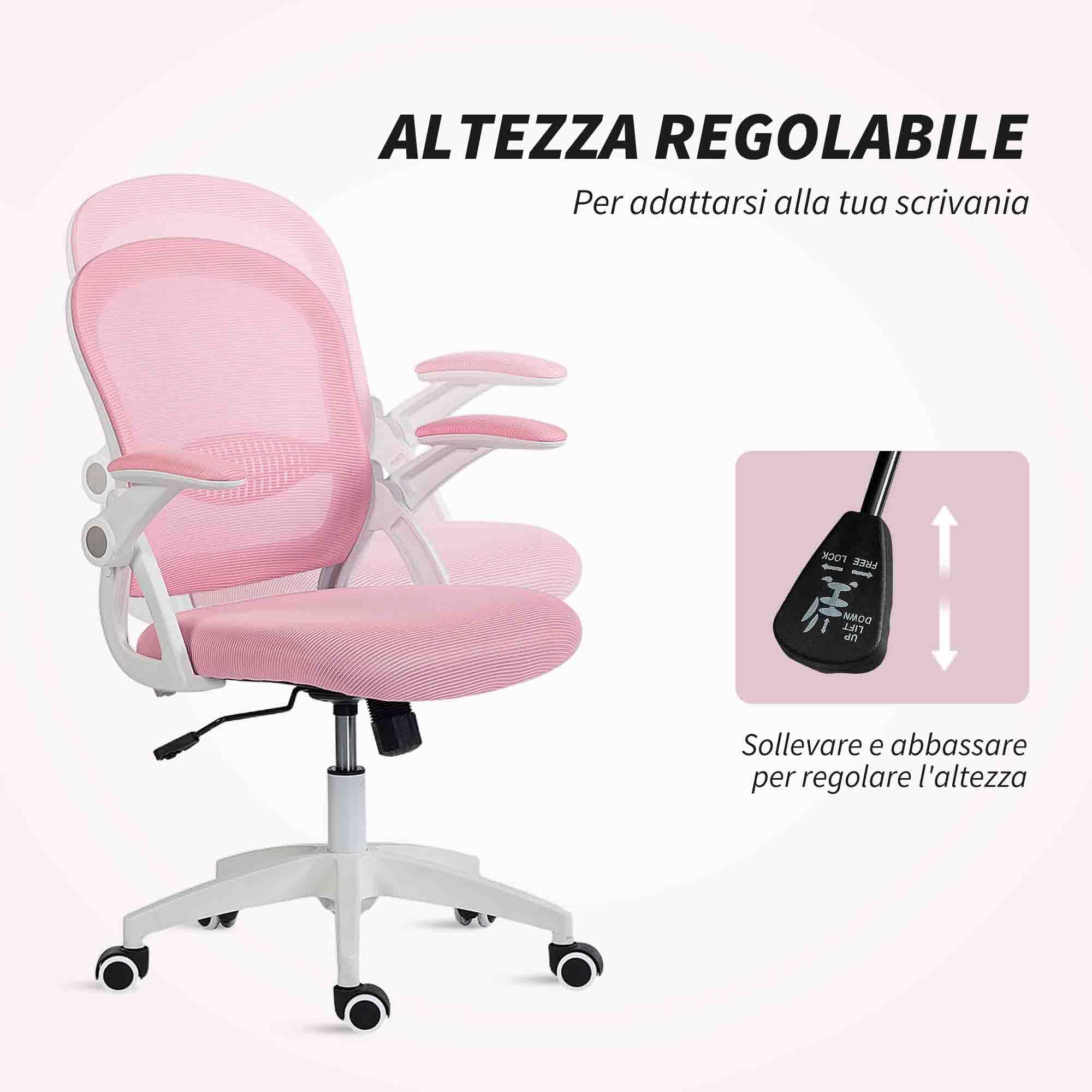 Vinsetto Sedia Ufficio con Funzione Dondolo, Braccioli Regolabili, Rosa | Altezza Regolabile, Sedia Scrivania con Schienale a Rete, Ruote, Seduta Imbottita, 65.5x61.5x88-97.5 cm