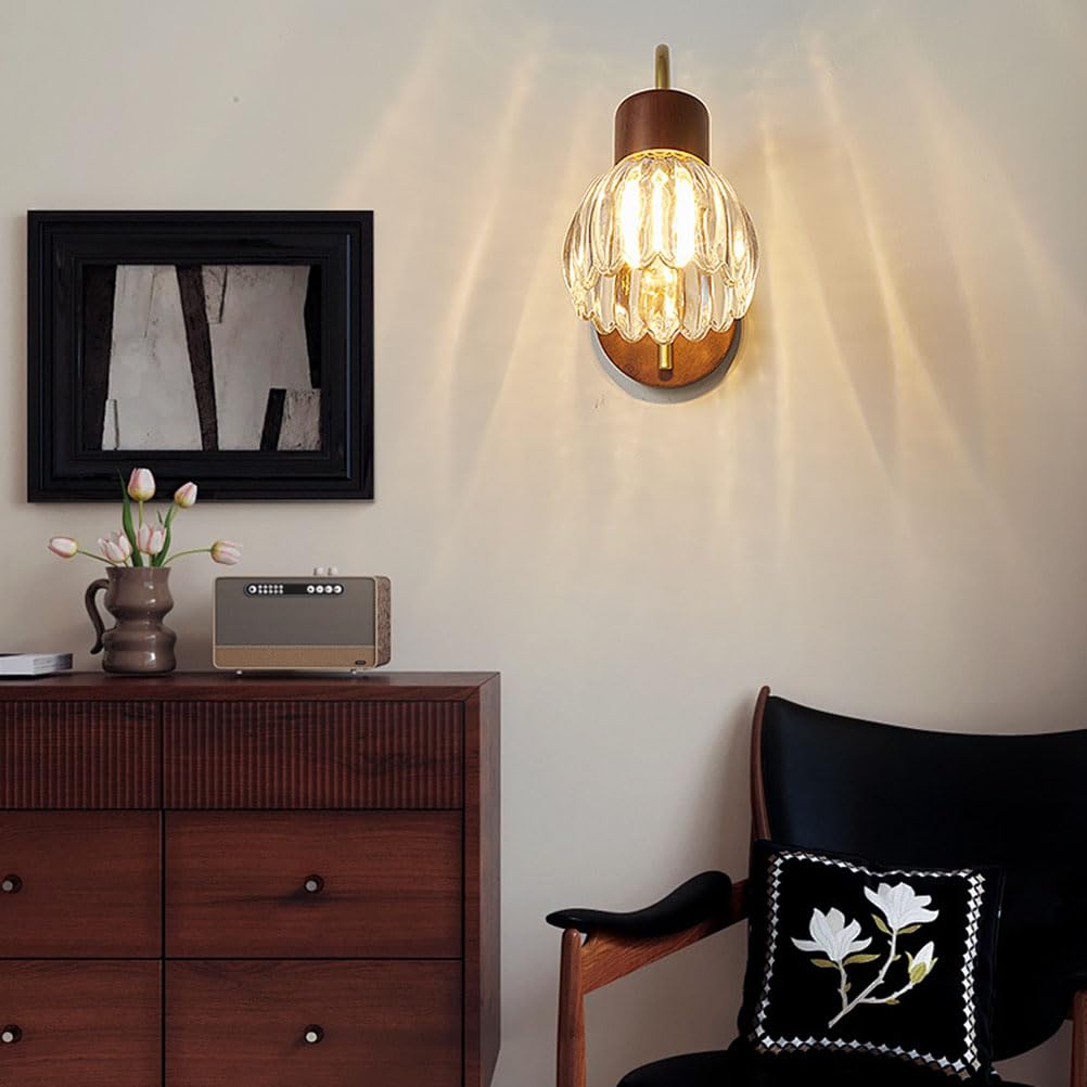 Drewniana lampa ścienna do wnętrz E27, vintage, kinkiet, złoty, z kloszem ze szkła kwiatowego, industrialna lampka nocna, dekoracyjna lampa ścienna w stylu retro do sypialni, salonu, stolika nocnego