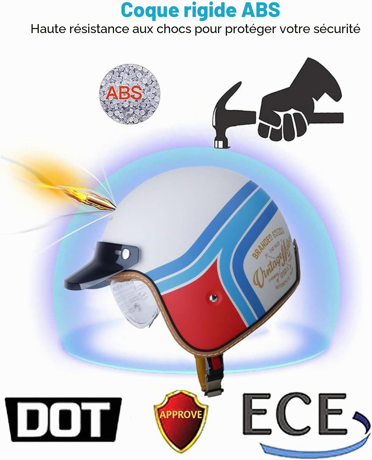 Casque Moto Vintage Casques Jet avec Visière Casques Bols Casque Mobylette avec Lunettes Homologué Dot/ECE Rétro Demi Casque Moto Vélo Scooter Chopper pour Adultes Homme Et Femme