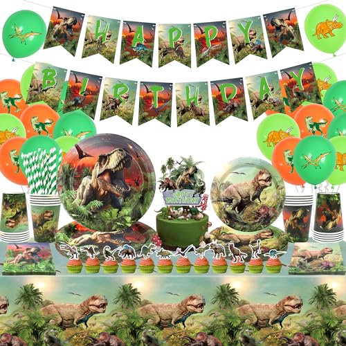 Obussgar Décorations de fête d'anniversaire au motif de dinosaure, y compris bannières, décorations de gâteau, assiettes, tasses, serviettes, nappes,...