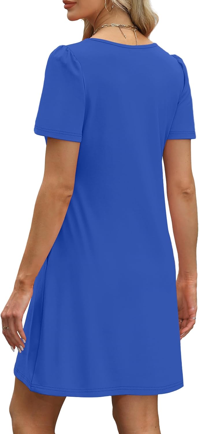 OFEEFAN Womens Pleated Front Dresses Fashion Spring Puff Sleeve Pockets Sundress Casual Summer - Image 5