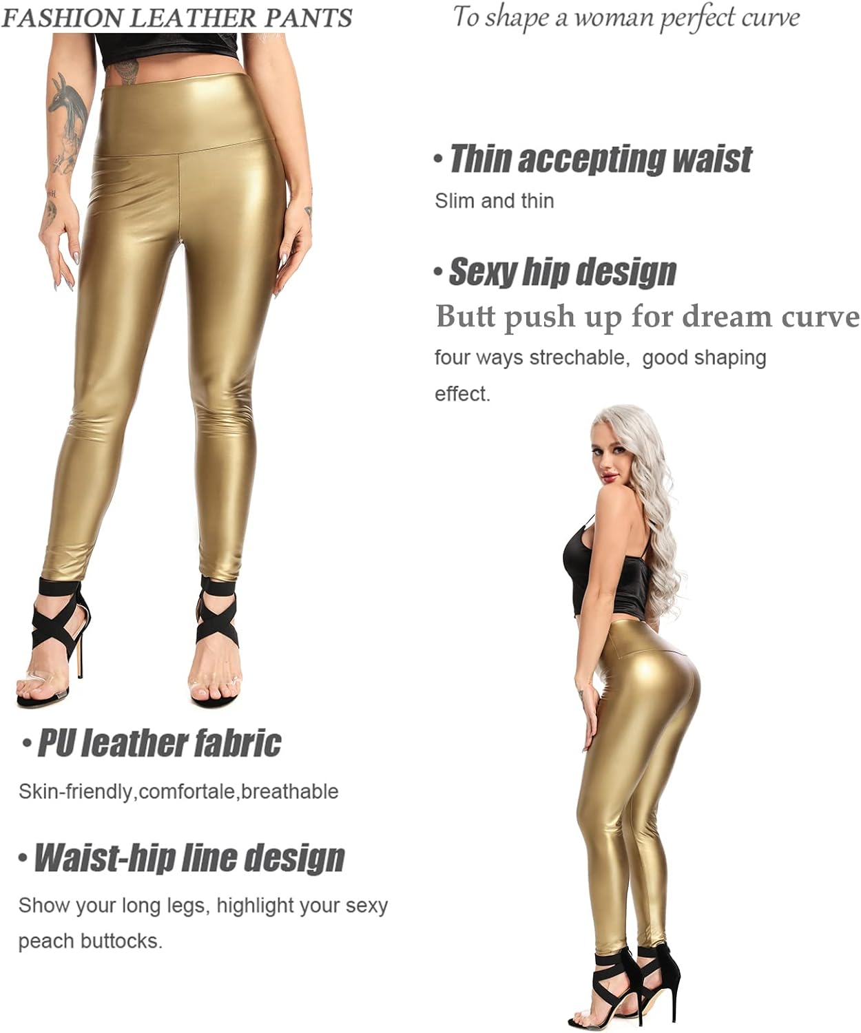 FITTOO Women's Faux Leather Pants High Waisted Pu Leggings Stretchy Black Tights - Image 2