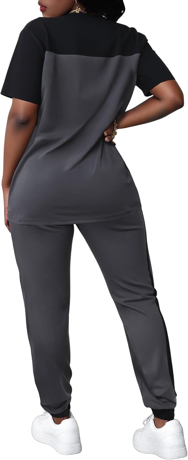 LovelyWholesale Women Jogging Suits 2 Piece Set Short Sleeve Color Block Tops and Jogger Pants - Image 2